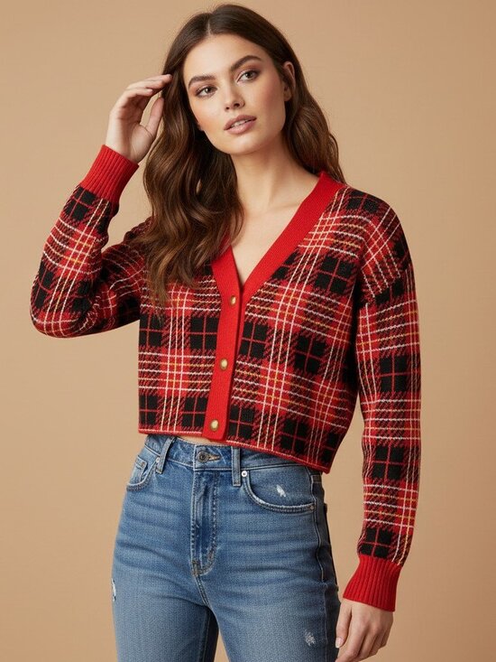 Lovers + Friends Sweaters - Lovers + Friends Brantley Cropped Plaid Cardigan XS — Red/Black Gold Buttons